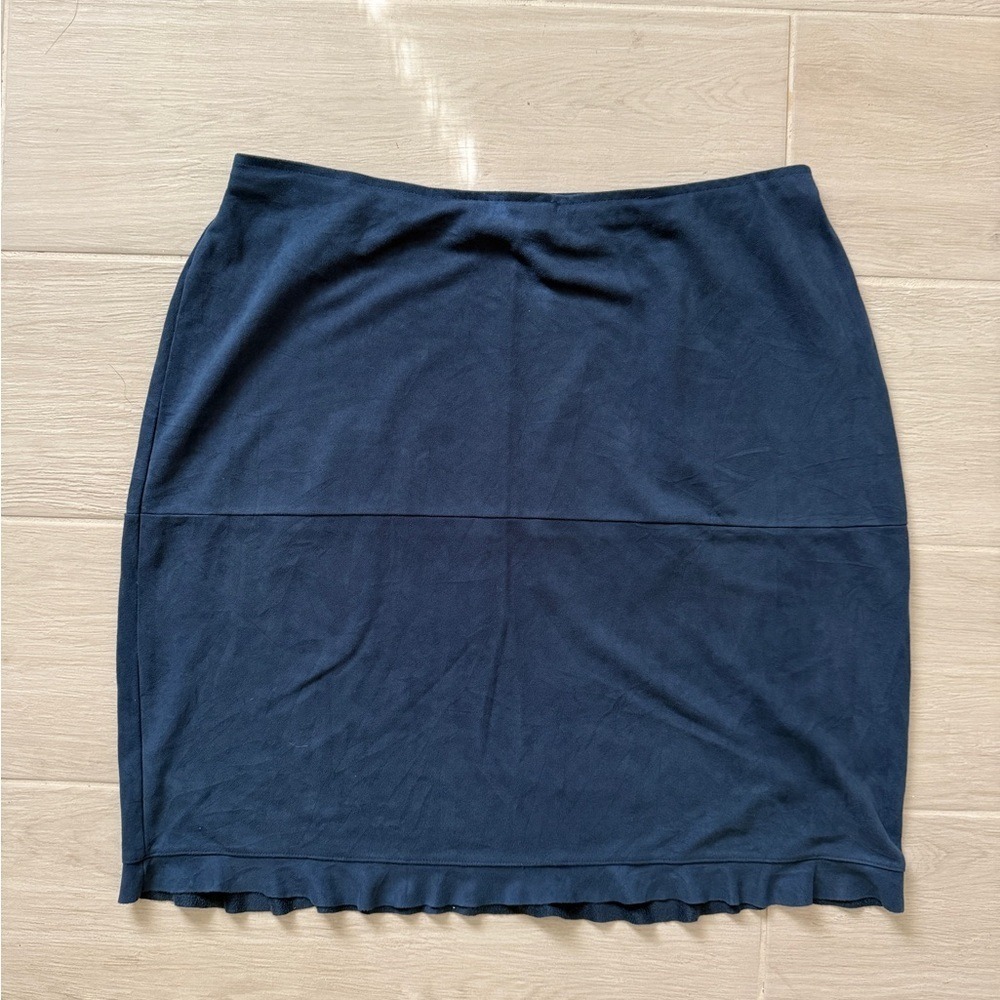 Kathy Ireland Faux Suede Skirt Women XL Navy Blue Excellent Ruffle Hem Mini